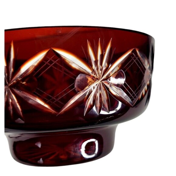 VTG Faberge Ruby Red To Clear Diamond Cut Crystal Starburst Atomic Pedestal Bowl - Picture 8 of 13